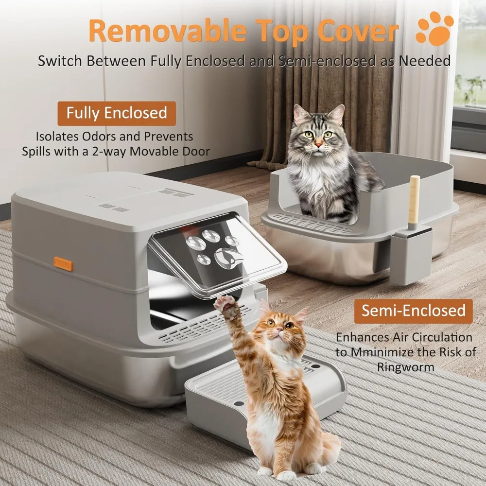 Stainless Steel Enclosed Cat Litter Boxes for Cats, Carbon Filters, with Removable Lid &Scoop, Anti-Urine, Cat Litter Box