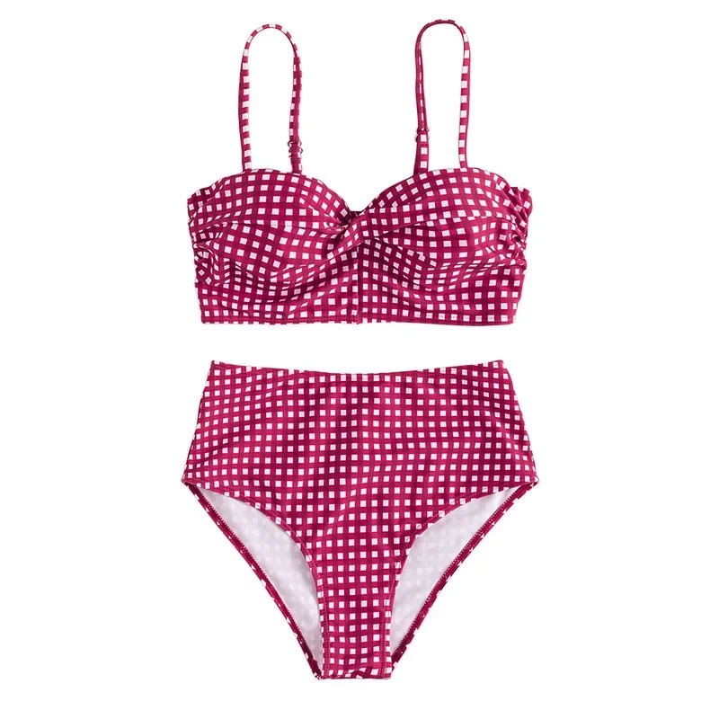 

Fashion Plaid Pattern Swimwear Women Backless High Waist Split Bikini Set Swimsuit Summer 2025 New Sexy Lady Two Piece Beachwear