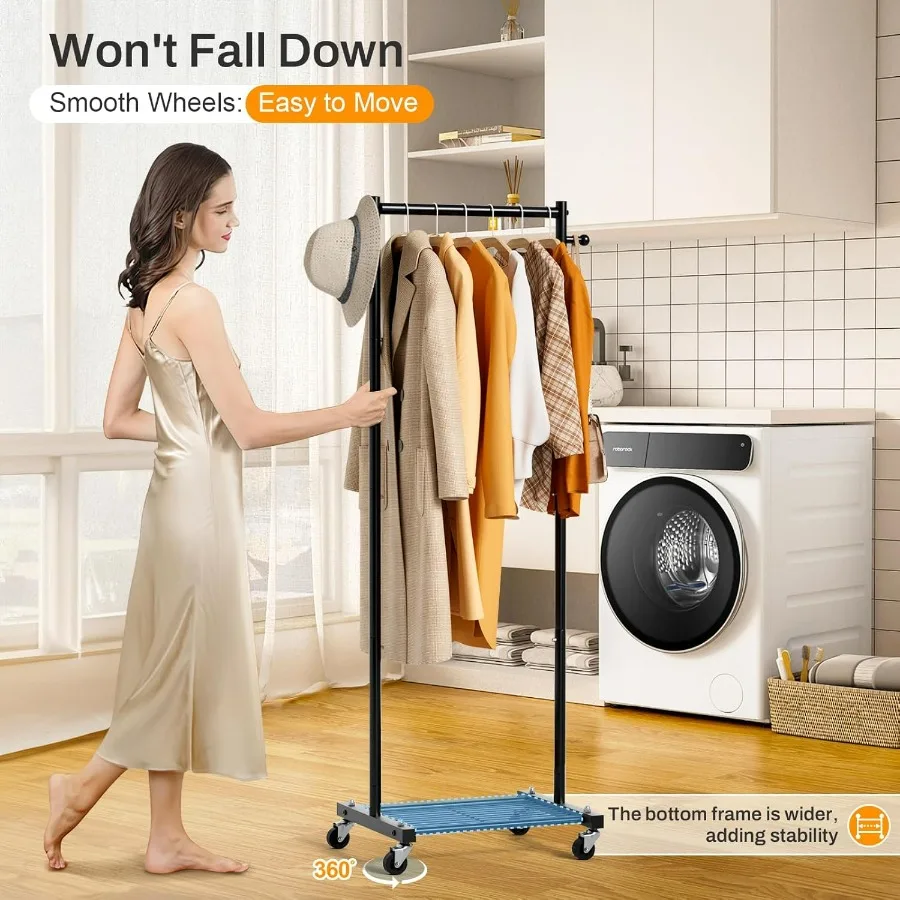 Portable Rolling Garment Rack with Wheels for Small Spaces: 60 Metal Clothing Rack with Shelves Ideal for Hanging Clothes Compa