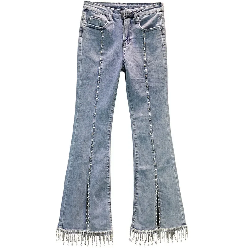 High-waist Stretch Pearl Denim Women's Trousers Spring 2023 New Slim-fit Diamond-studded Beaded Flared Jeans Female