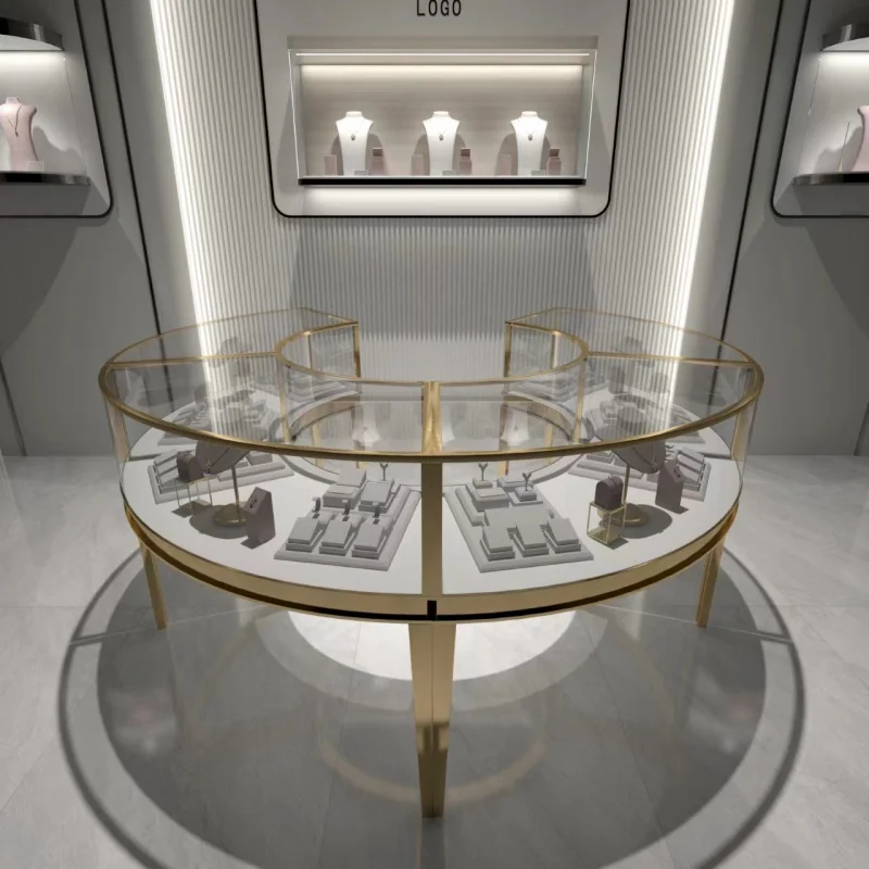 Custom, customized jewelry retail store curved glass stainless steel showcase jewelry shop interior design for gold jewelry shop