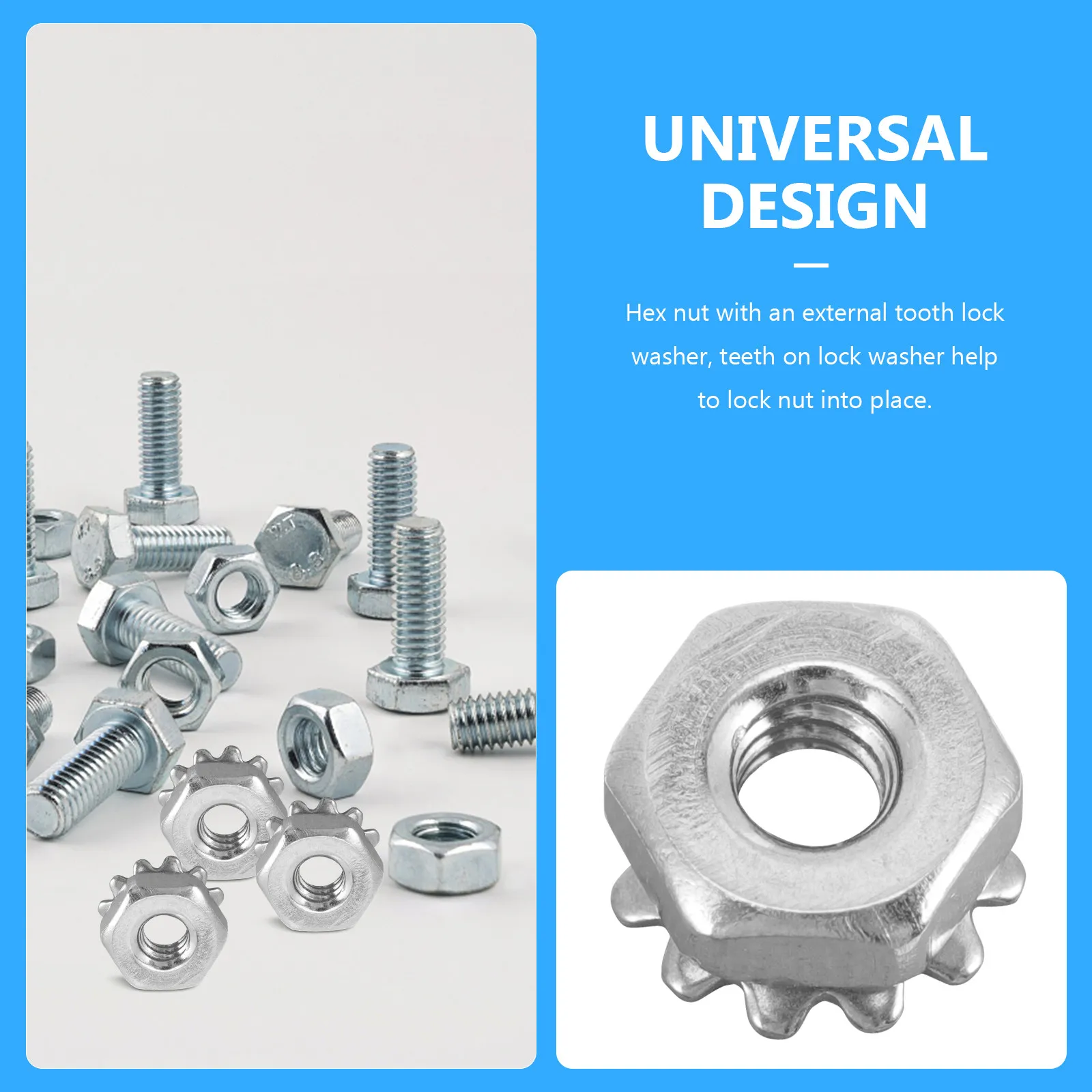 50Pcs Stainless Steel External Tooth Lock Nut Hex Head Nut High Grip Anti Loosening for Heavy Duty Outdoor Indoor