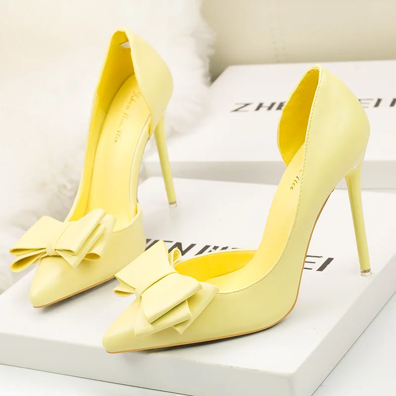 Sweet Bow High Heels Stiletto High Heels Shallow Mouth Pointed Side Hollow Luxury Designer Heels Party Shoes Woman 2023