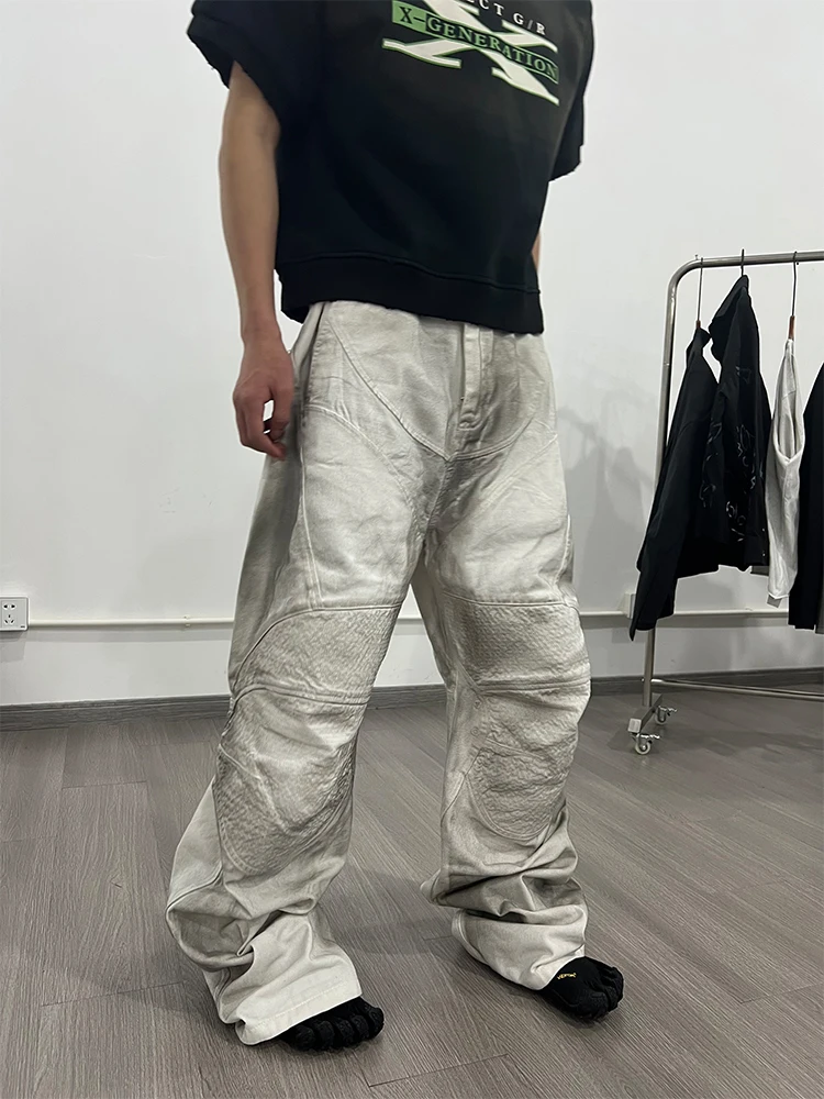 

Viiexplore Men's Casual Wide Leg Jeans Armor Splicing Folded Shape Dirtied Vintage White Motorcycle Armor Patterned Long Pants