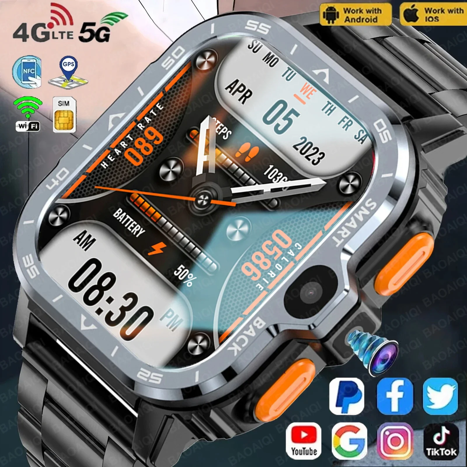 2025 New SIM Smart Watch 4G Network GPS Navigation Wifi NFC Dual Camera 64G ROM Storage Video Music Smartwatches for Android IOS