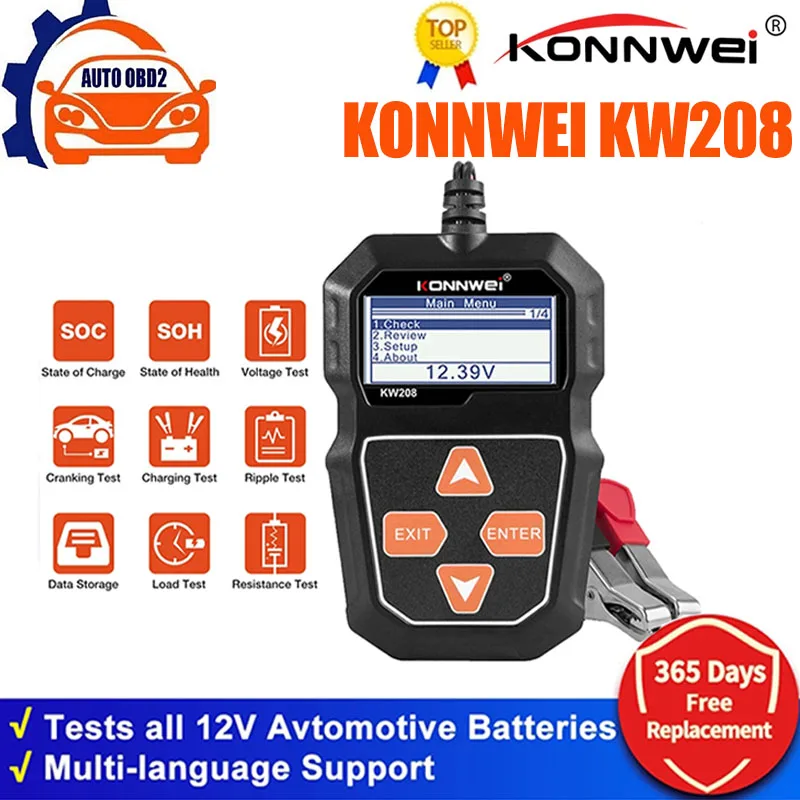 

KONNWEI KW208 Car Battery Tester 12V 100 to 2000CCA Cranking Charging Circut Battery Analyzer 12 Volts Battery Tools pk BM550