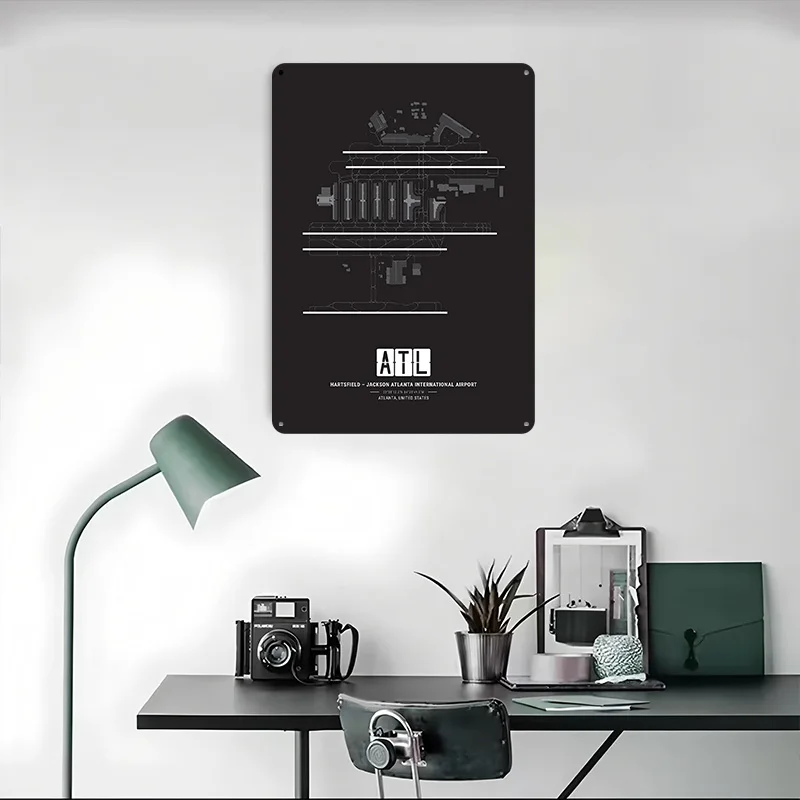 ملصق معدني لتخطيط مطار أتلانتا، ملصق تين، أشياء فنية جدارية لتصميم الغرفة، علامات معدنية قابلة للتخصيص لديكور المنزل