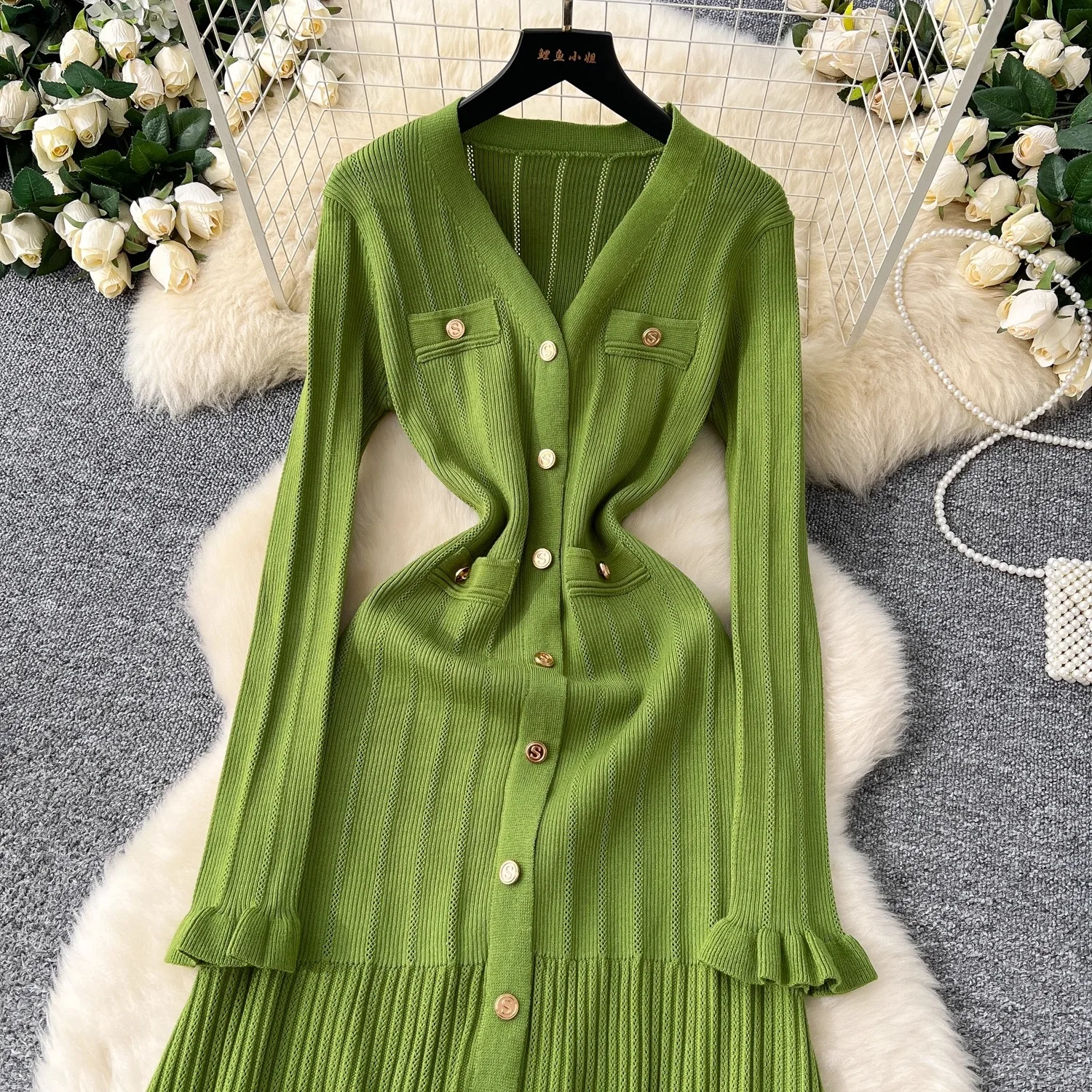 YuooMuoo Marke Mode Vintage Gestrickte Lange Kleid 2025, Herbst Winter Frauen Elegante V-ausschnitt Rüschen Pullover Kleid Party Vestidos