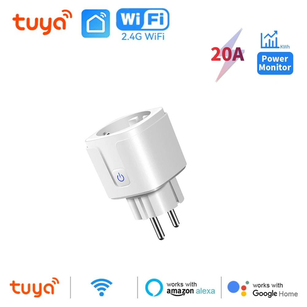 

20A Smart Plug Wi-Fi Розетка ЕС с функцией синхронизации монитора мощности Управление через приложение Tuya Smart Life работает с Alexa Google Home