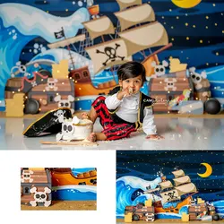 Pirate Ship Treasure Backdrop Sea Night Kids Baby Cake Smash Photography Props Child Birthday Decor Studio Backgrounds