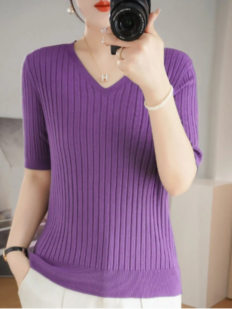 

Women Sweater Short Sleeve V-neck Stripe Knitwears Slim Fit Shirt Korean Fashion Pullovers Thin Knit Tops Bottoming Shirts MS87