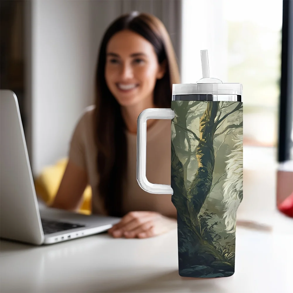 Cool Drinking Tumbler with Straw And Handle Featuring White Wolf in Dense Wild Forest Print