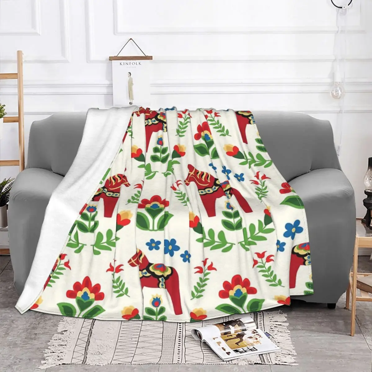 Swedish Dala Horses Red Plush Bed Blankets Throw Blanket Blankets And Throws Throw Blanket