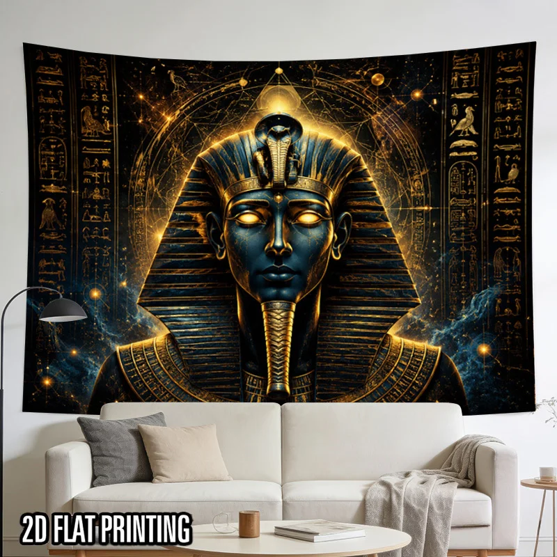 Pharaoh Golden Mask Tapestry, Egyptian Hieroglyph Galaxy Pattern Wall Hanging Ancient Mystic Art for Bedroom Home Art Decor