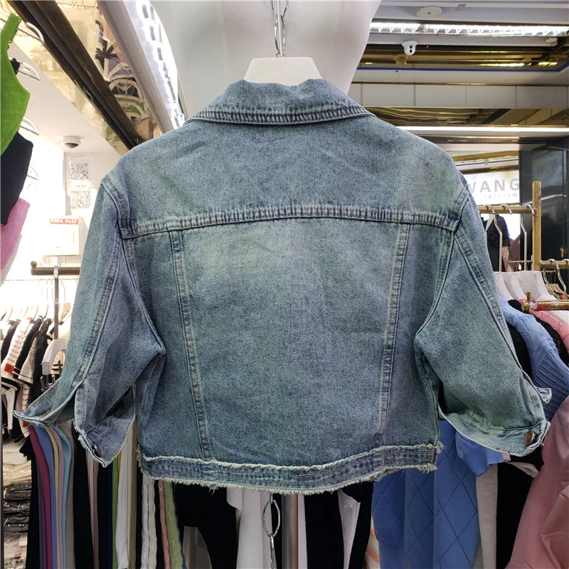 Vintage Heavy Work Diamonds Big Pocket Denim Jacket Women Slim Short Cowboy Outerwear Three Quarter Sleeve Jeans Jacket Female