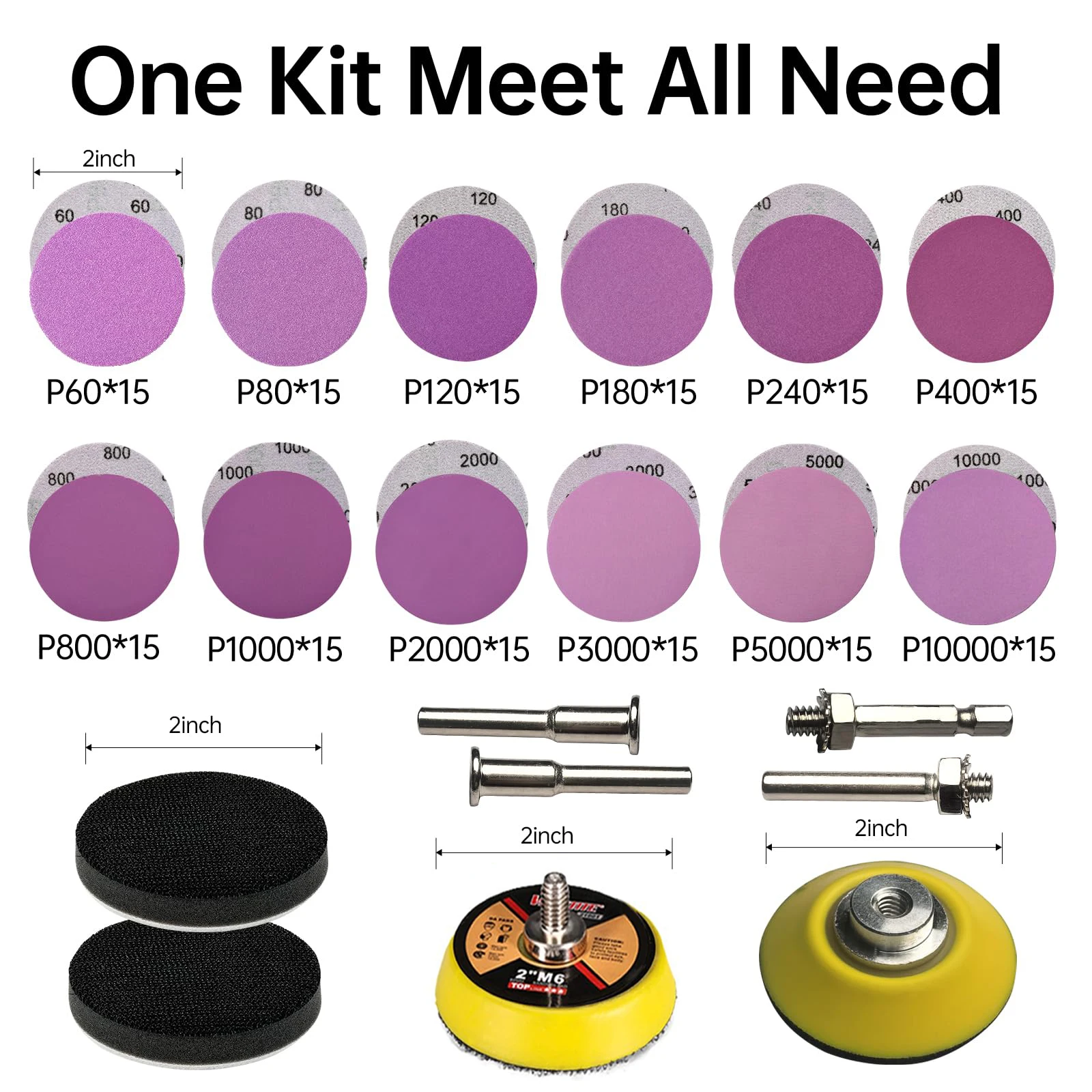 2-Zoll-Nass- und Trockenschleifpapier 2/3/180/188 Stück, sortiert 60 bis 10.000 Körnungen mit 1/8 Zoll 1/4 Zoll Schaft-Polierpads zum Polieren von Autos