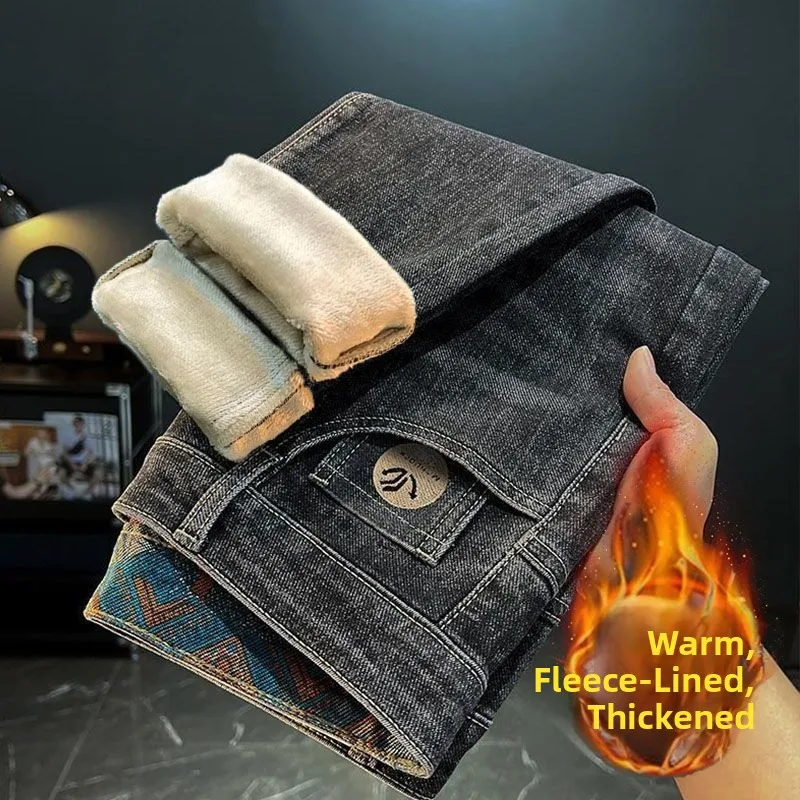 

Мужские джинсы прямого кроя с подкладкой, повседневные, с вышивкой, модные, из утолщенного денима, универсальные, теплые, для осени и зимы