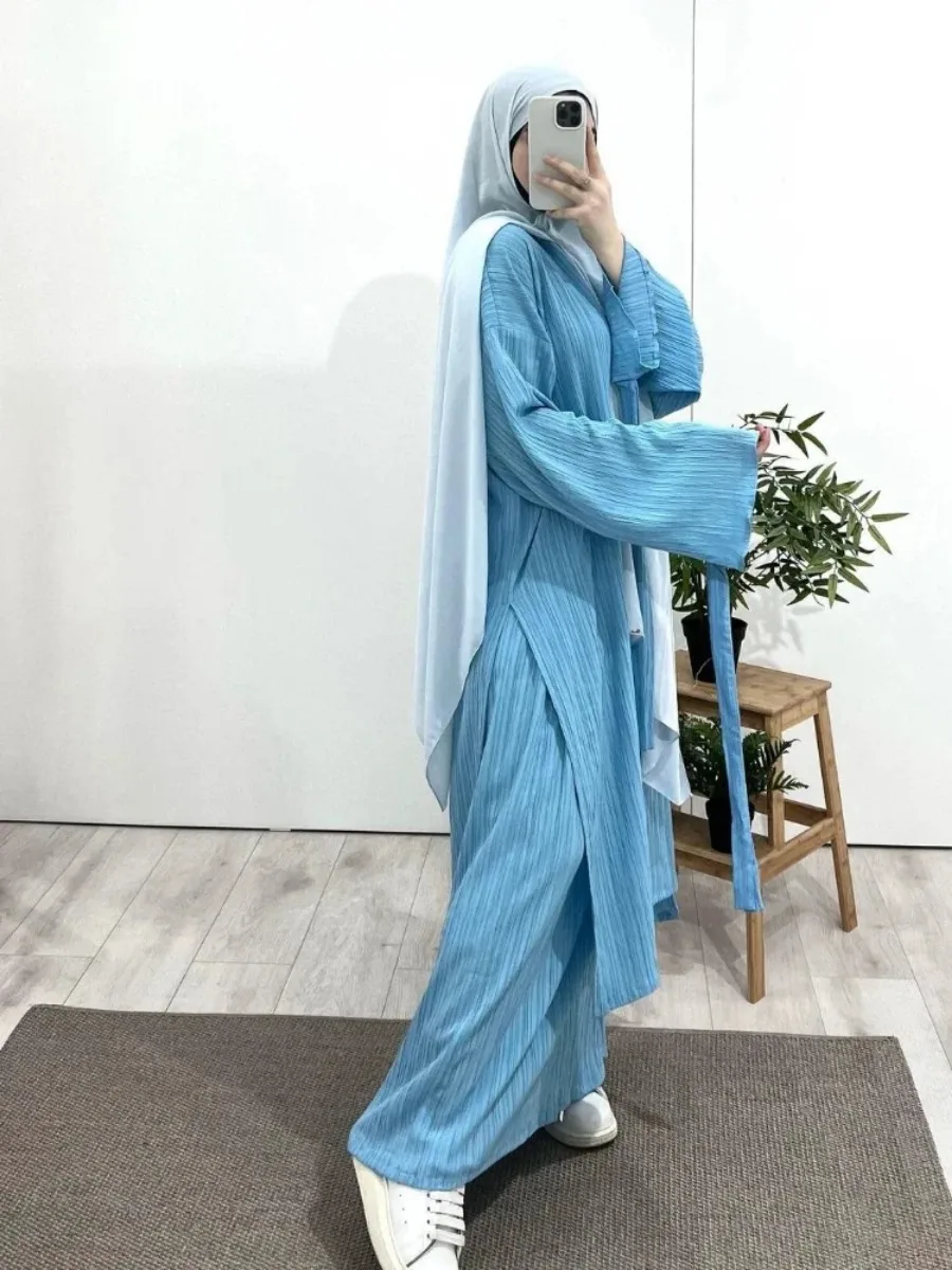 Modest Eid Muslim Women Sets Ensemble Two Pieces Single Breasted Button Shirt Solid Blouses & Skirt Suits Arab Islam Spring 2024