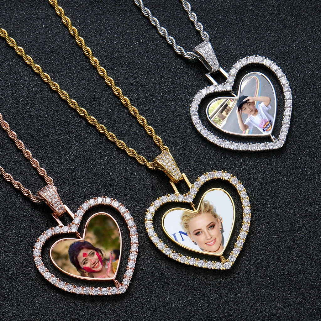 Customized Rotating Heart Photo Necklace Iced Out Bling Zircon Double Sided Spinning Picture Pendant Hip Hop Jewelry Memory Gift
