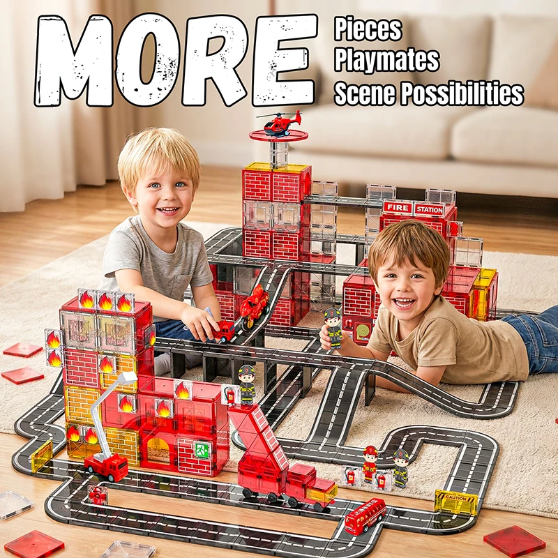 141 stuks magnetische tegels voor kinderen, brandweer thema, magnetische tegels met brandweerkazerne, brandweer voertuigen, STEM educatief speelgoed, cadeaus