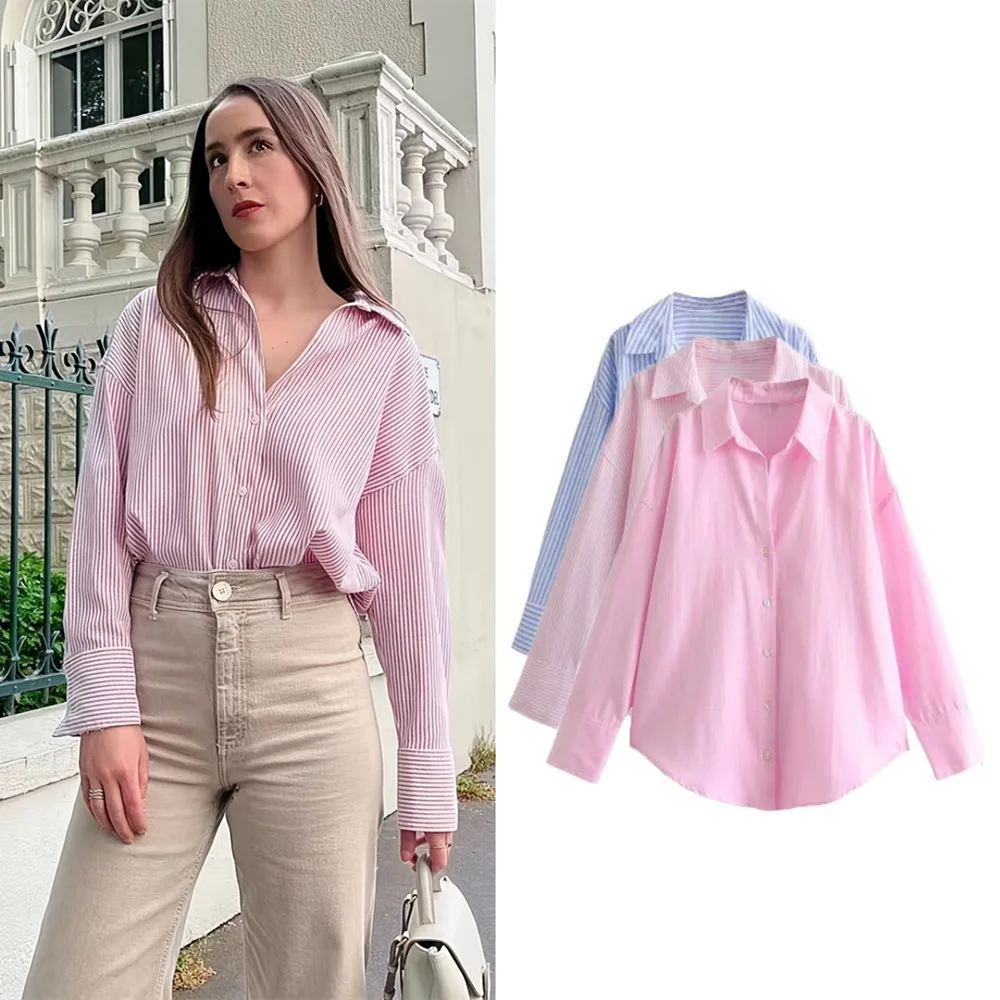 Ladies Striped Shirt Women Cotton Oxford Long Sleeve Spring Autumn Causal Elegant Loose Blouse Shirt Chic Crop Tops Mujer Female