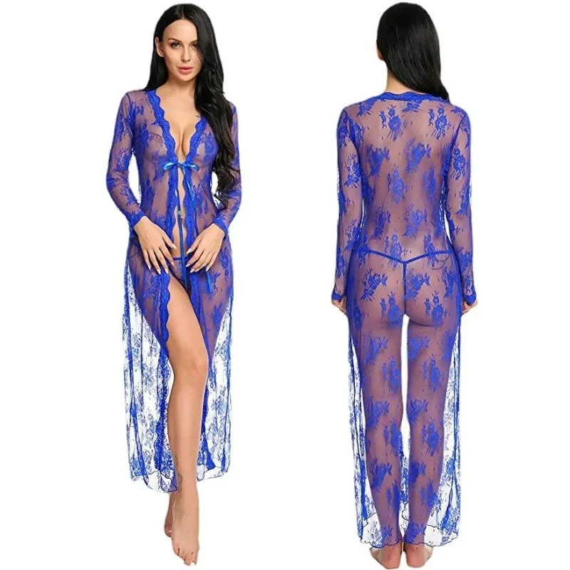 Nolia Mesh Transparent Sexy Robe Nightgown Women's See-Through Lace Printing Deep V-Neck Home Ultrathin Nightgow 5d4;