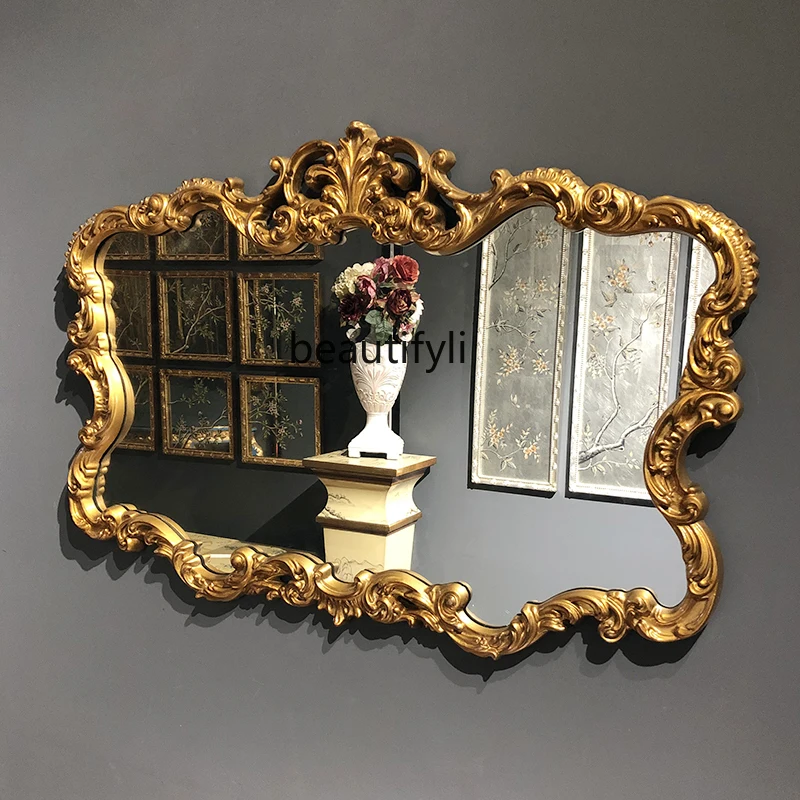 

European-Style Retro Golden Hallway Fireplace Decorative Mirror French Carved Dressing Table Makeup Bathroom Mirror