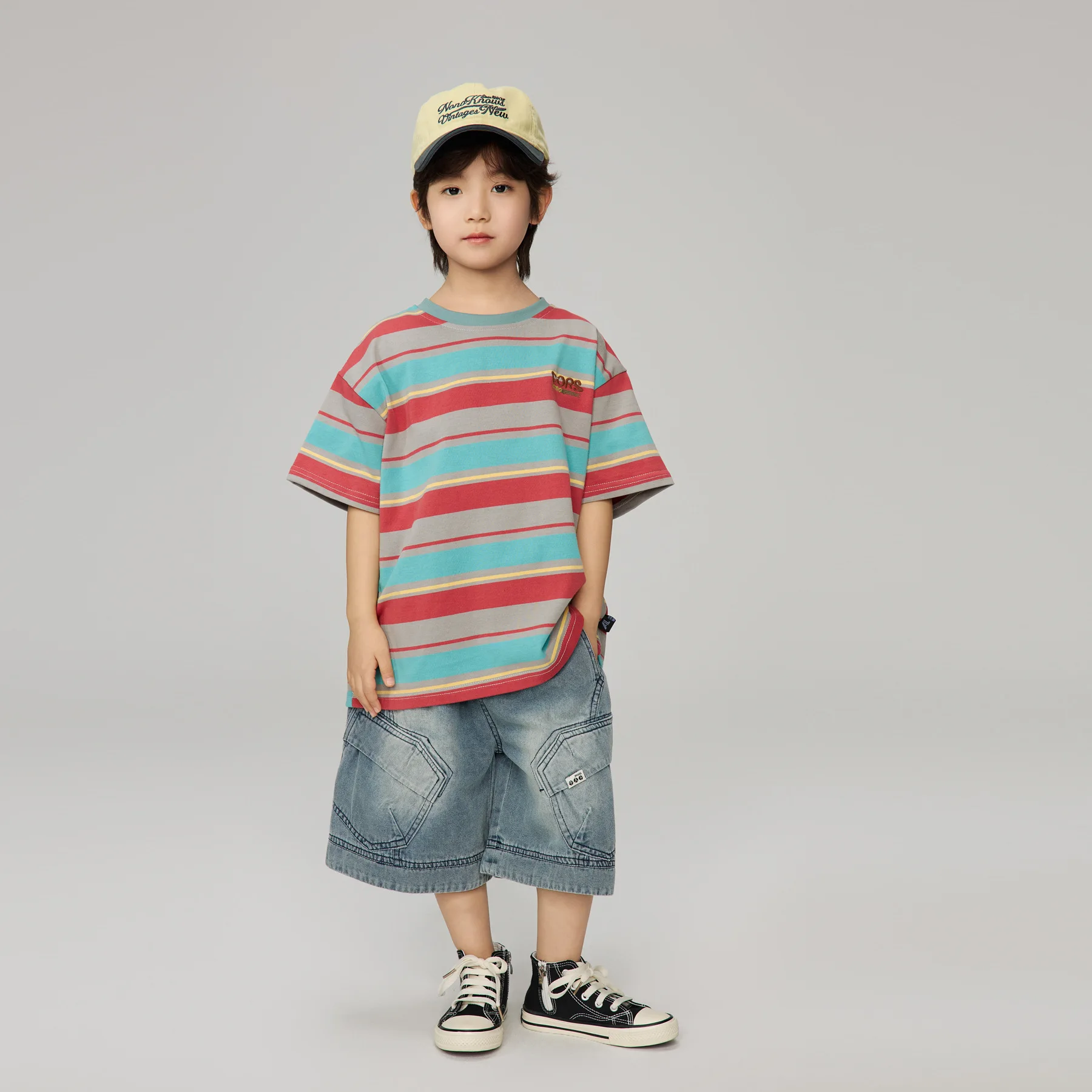 

2025 Summer New Children's American Retro Letter Embroidered Half Sleeve Top Boys' Casual Striped Short Sleeve T-shirt