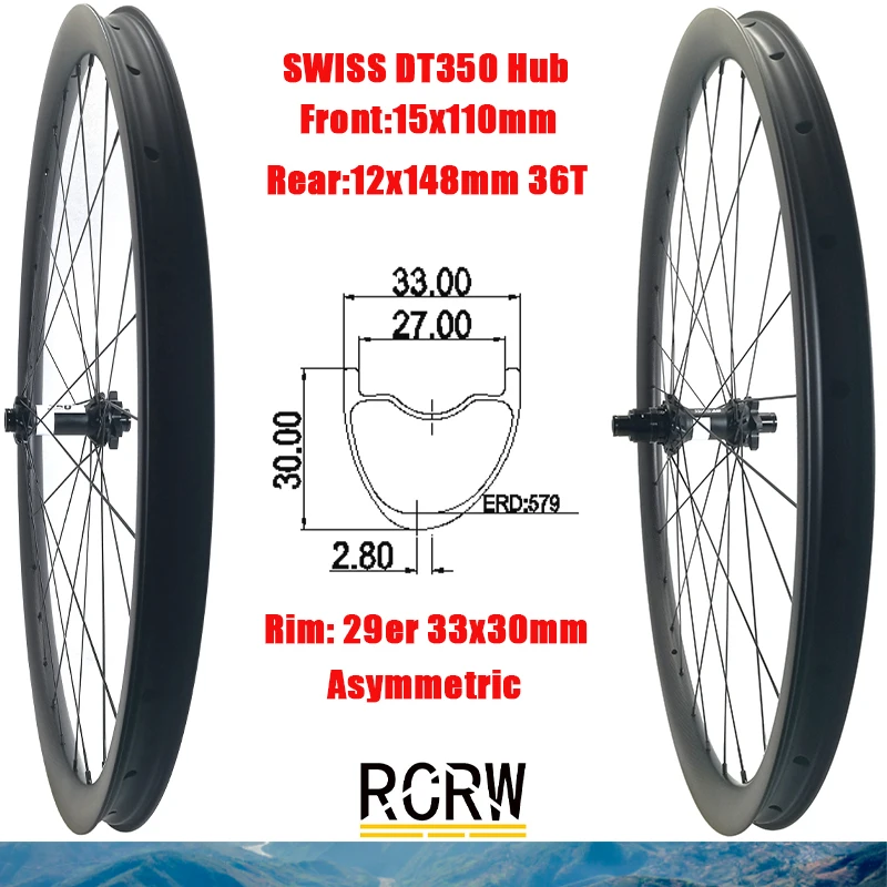 

29er MTB AM 33x30mm Wheelset Carbon Rim 28 Hole Asymmetric Tubeless 33 Wide 30 Deep SWISS DT350 Boost 6 Bolt XD 36T Hub MS Shima