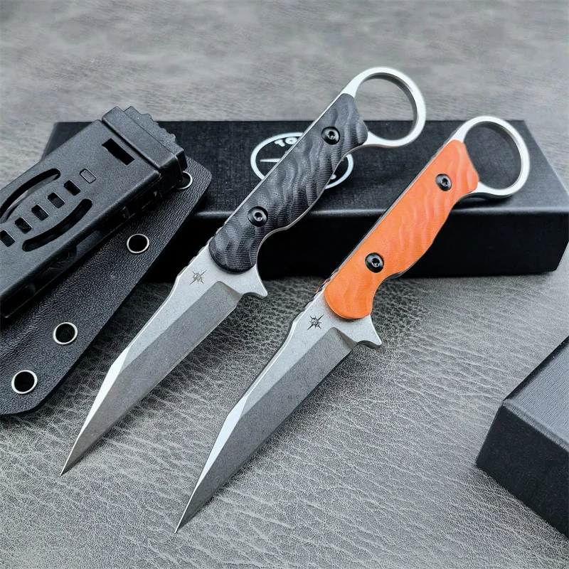 Stonewashed Fixed Blade Neck Knife, G10 Handle Sharp Blade with Kydex Sheath, Outdoor EDC Pocket Cutting Tool