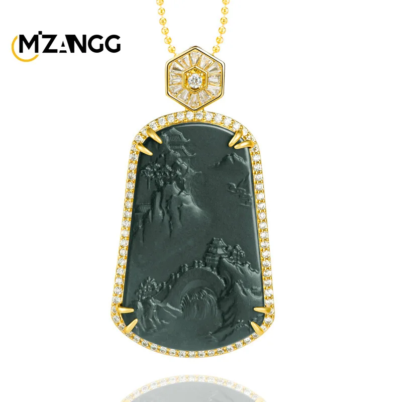 

Natural Hetian Jade Green Jade Landscape Pendant Plaque Copper Gold-plated Inlaid High-grade Jade Necklace Men and Women Gift