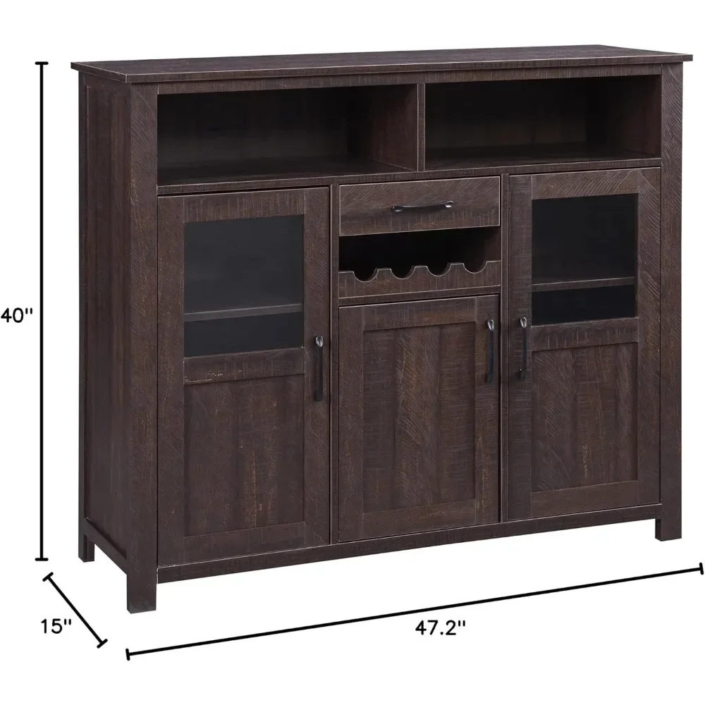 47'' Wine Cabinet with Wine Rack and Drawer, Adjustable Shelves, Wood Storage Cabinets, Retro Bar Cabinet