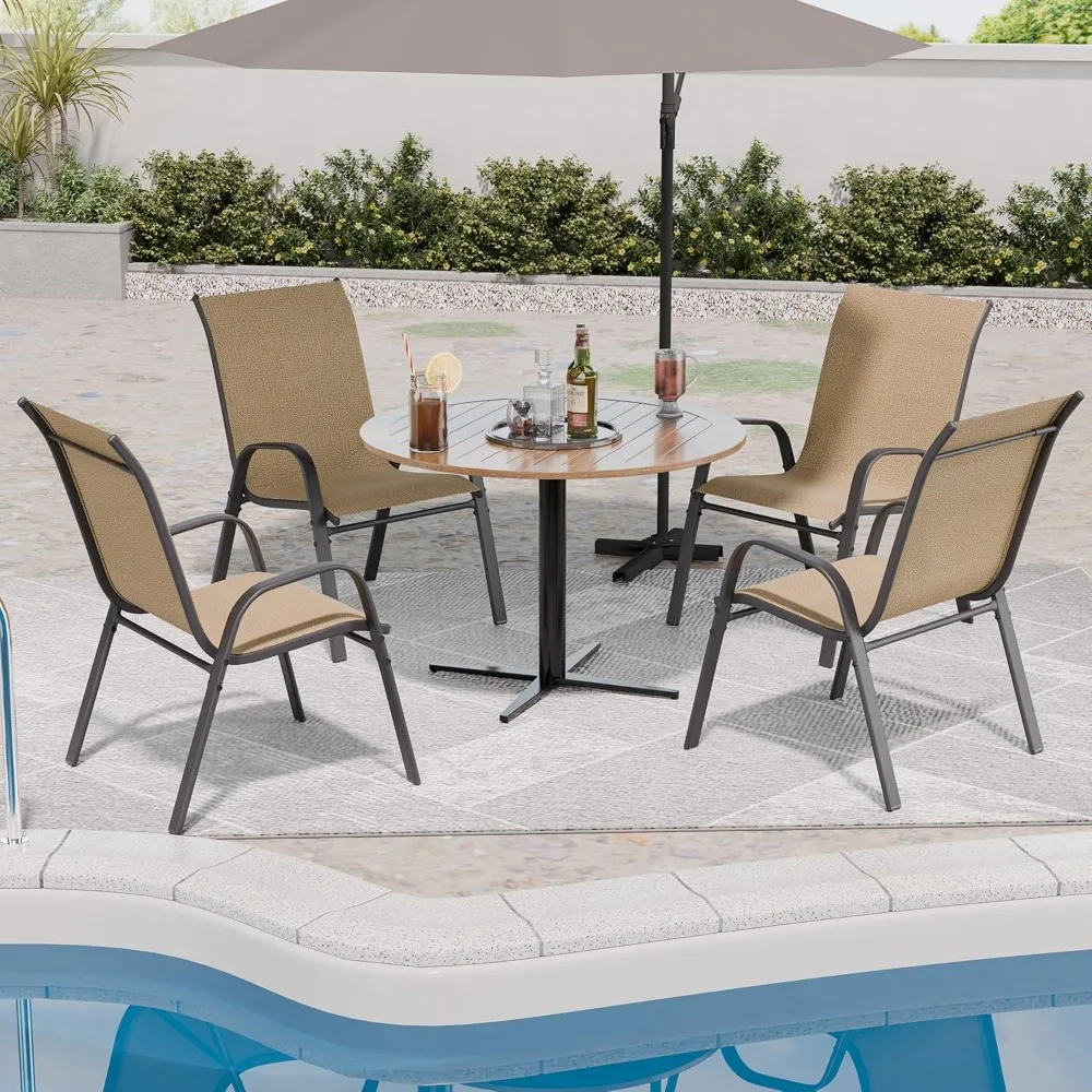 Patio Chairs Set of 4, Outdoor Stackable Dining Chairs for All Weather, Breathable Metal Modern Outdoor Furniture, Brown