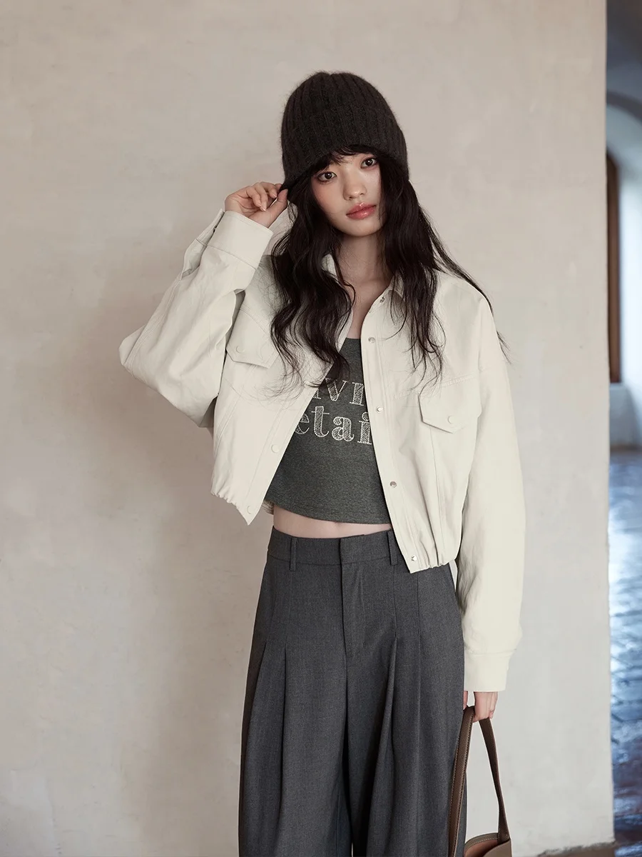 エレガントな韓国風レディースレザージャケット アプリコットカラー 春の新作 おしゃれな高級感 通勤スタイル ゆったりフィット