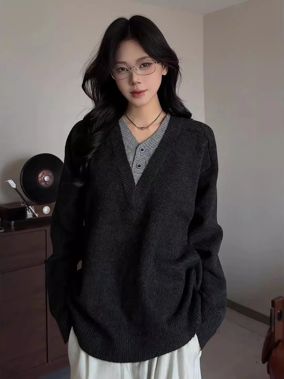 

Осенне-зимний вязаный свитер большого размера с V-образным вырезом для мужчин и женщин, базовый слой, имитация двухслойности, повседневный, удобный