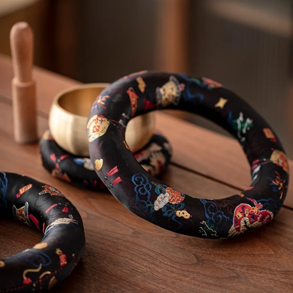 Nepalese Dragon Design Singing Bowl Mat Donut Shape Non Slip Sound Copper Out Mat Traditional Brocade Wooden Fish Coaster