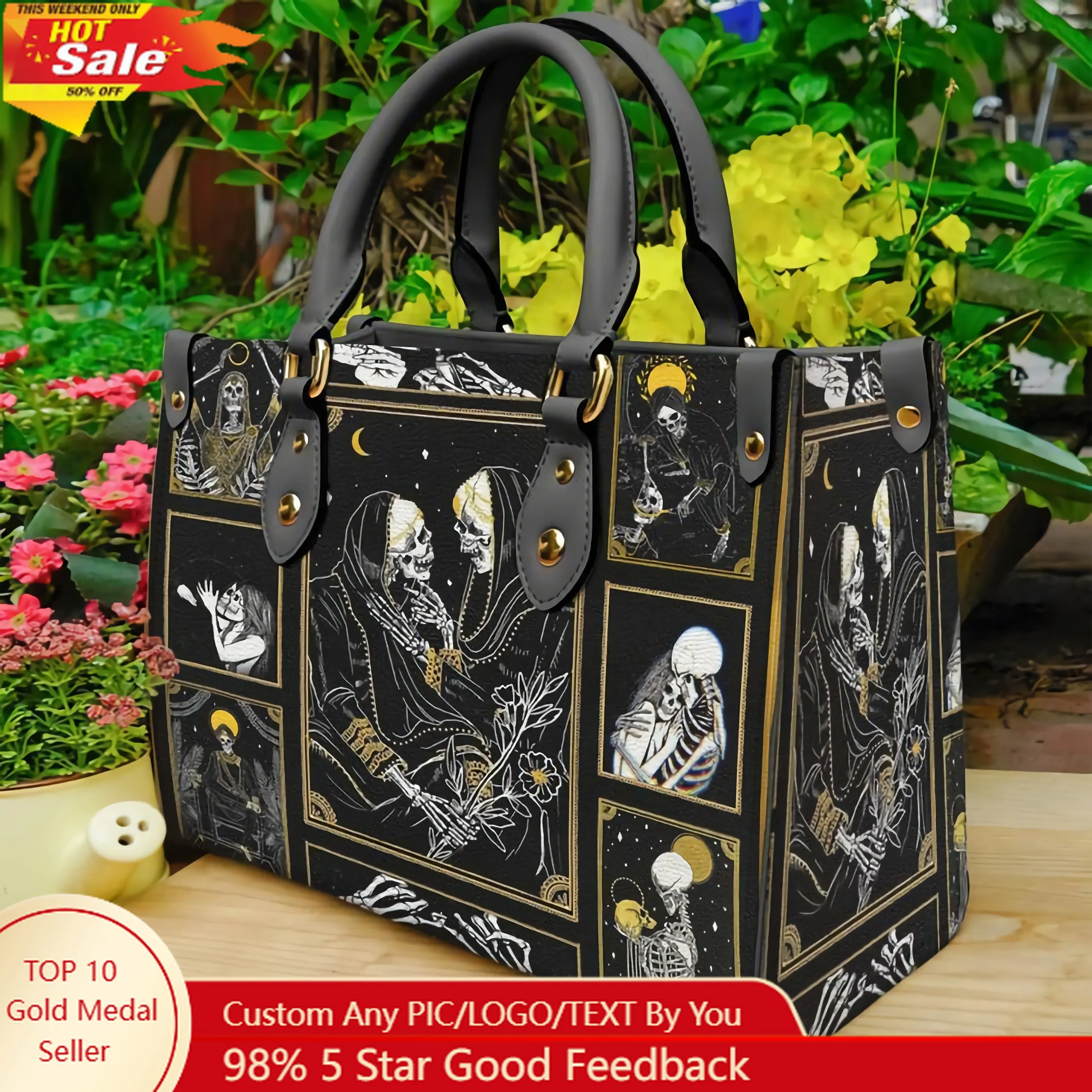 

The Lovers Skull Tarot Leather Bag Handbag Women Large Shoulder Handbags with Long Strape High Quality Female Custom Tote Bag