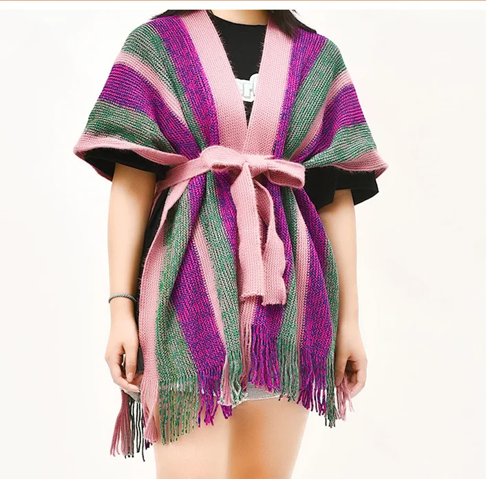 Spring Autumn Tassels Waistband Shawl Imitating Cashmere Women Fashion Street Poncho Lady Capes Purple Cloaks