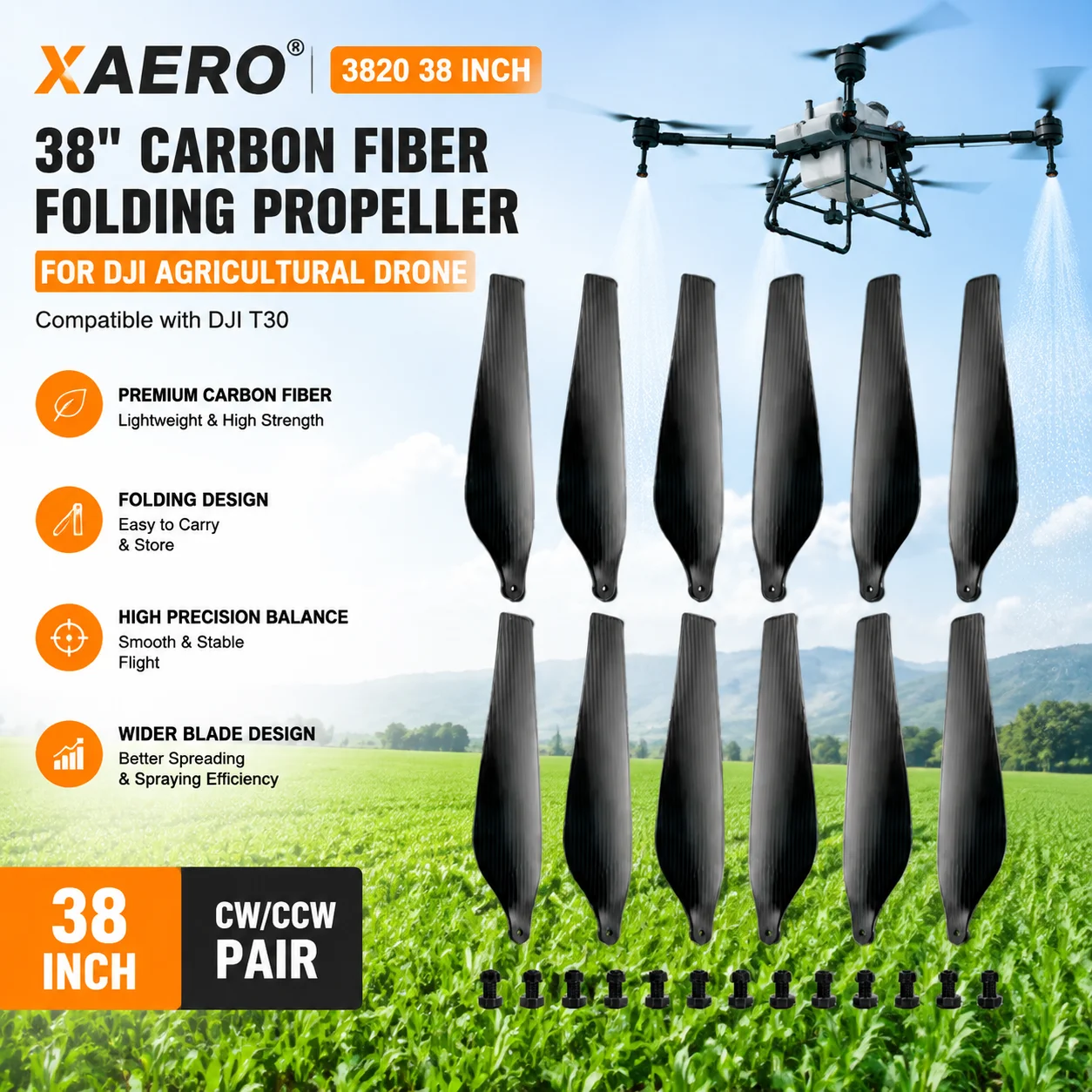 XAERO 3820 38 inch Carbon Fiber Folding Propeller for DJI T30, Wider Blade for Spreading & Spraying CW CCW