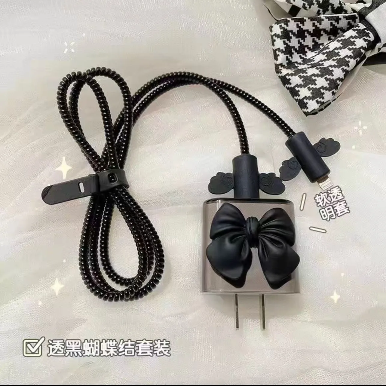 Black Love Bow 5pcs Charging Data Cable Protector Winder Accessories For iPhone 18/20w Charger Protective Cover