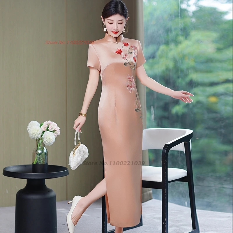 Robe de mariée en satin Cheongsam, robe de soirée élégante, qipao améliorée orientale, fleur traditionnelle nationale, aviation, 2024