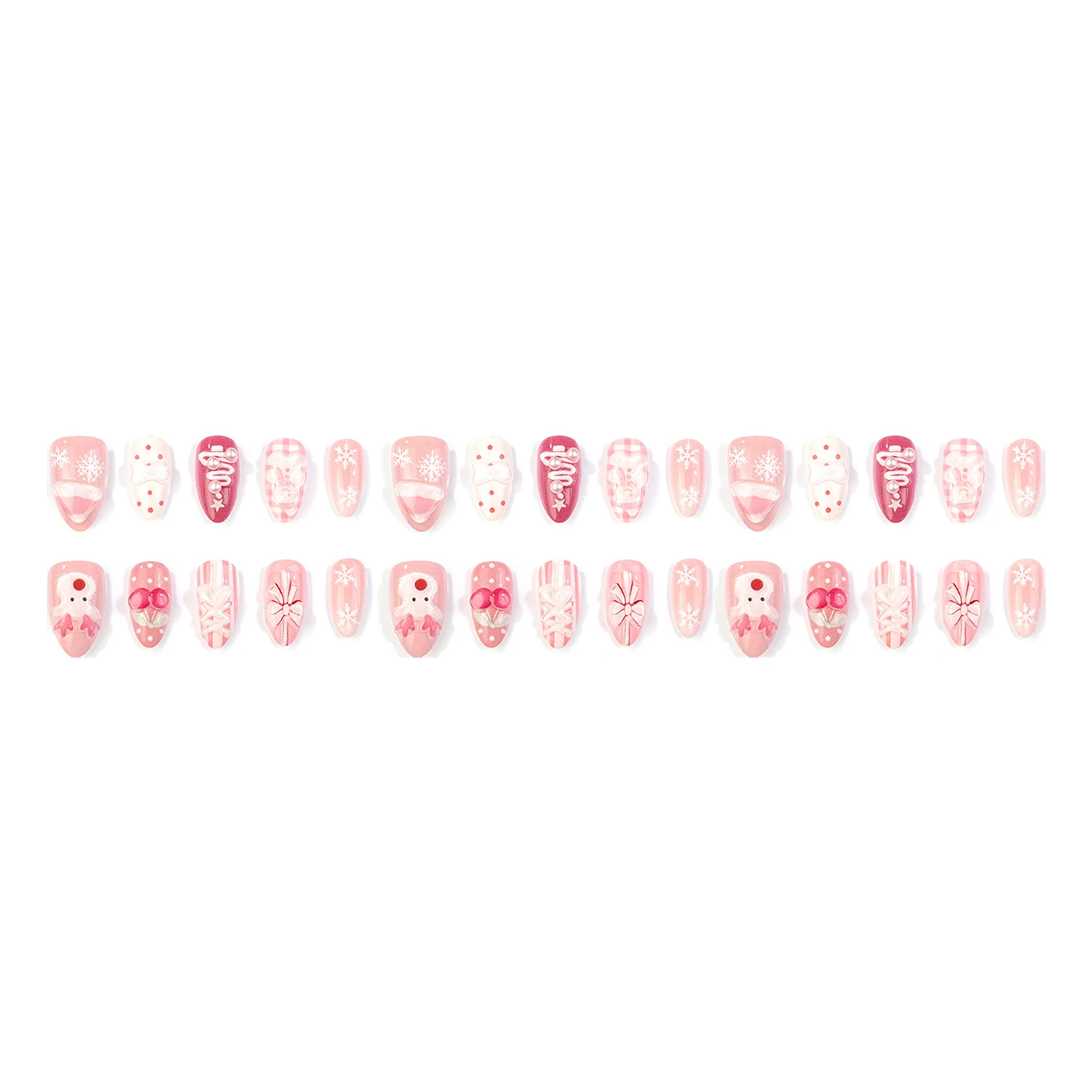 False Nail Tips Wear-Resistant Press On Nails for Christmas Party Pink 3D Bow Almond Resin Nails with Pearls Gingerbread Man