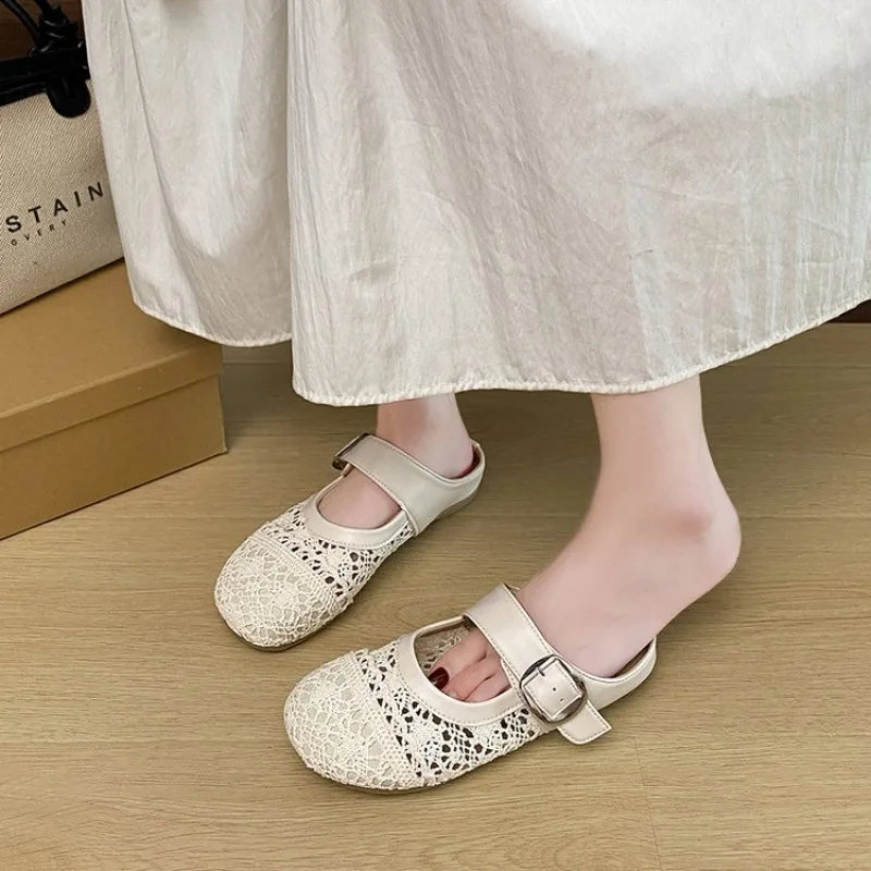 Baotou Halbschuhe für Damen, Sommer-Mesh-Slipper, Atmungsaktiv, Bequem, Weiche Sohle, Flache Sandalen