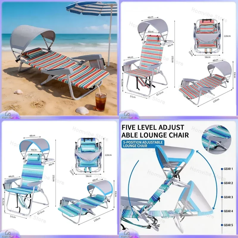 Adjustable Folding Beach Chair Aluminum Frame 5 Position Recliner Lounge with Removable Canopy Backpack Strap Durable Outdoor