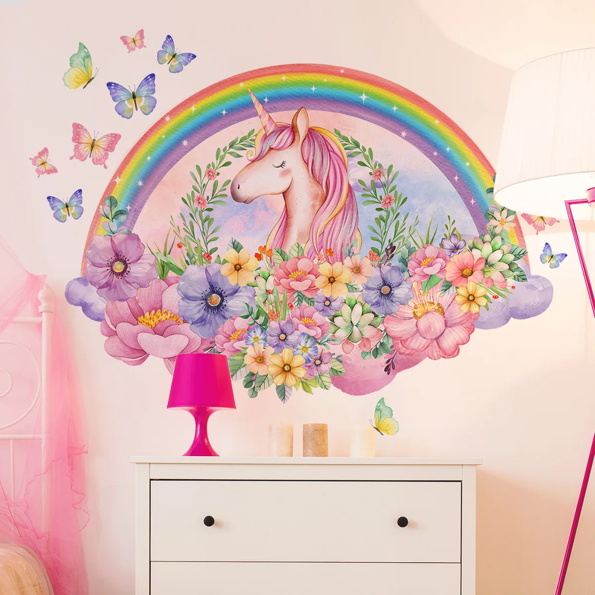 Rainbow Unicorn Flower Wall Sticker for Living Room Girls Bedroom Background Decoration Self-adhesive Wall Decals Daughter Room