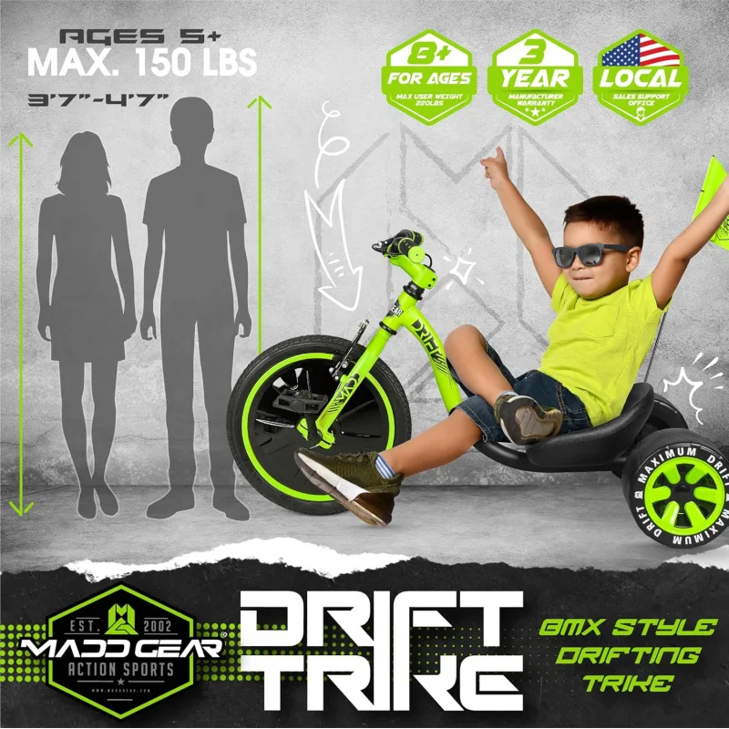 Drift Trike – Big Wheel Drifting Tricycle Ages 5  with Strong Steel Frame - Max Rider Weight 150lbs - Chopper Style Ride-On