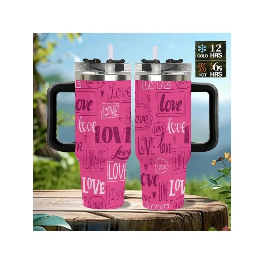 

1 Pc 40oz Stainless Steel Tumbler - Double Wall ulated Travel Mug For Coffee and Water, Love Pattern Pink Hearts Termos, Cups T
