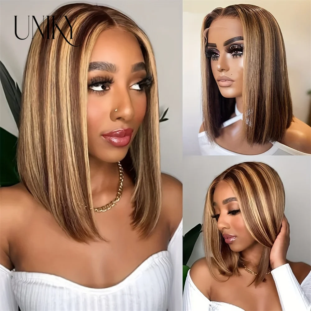 

Highlight Straight Human Hair BOB Wigs 13x4 Lace Front Wigs 180% Density Pre Plucked With Baby Hair Free Part Lace Front Wig