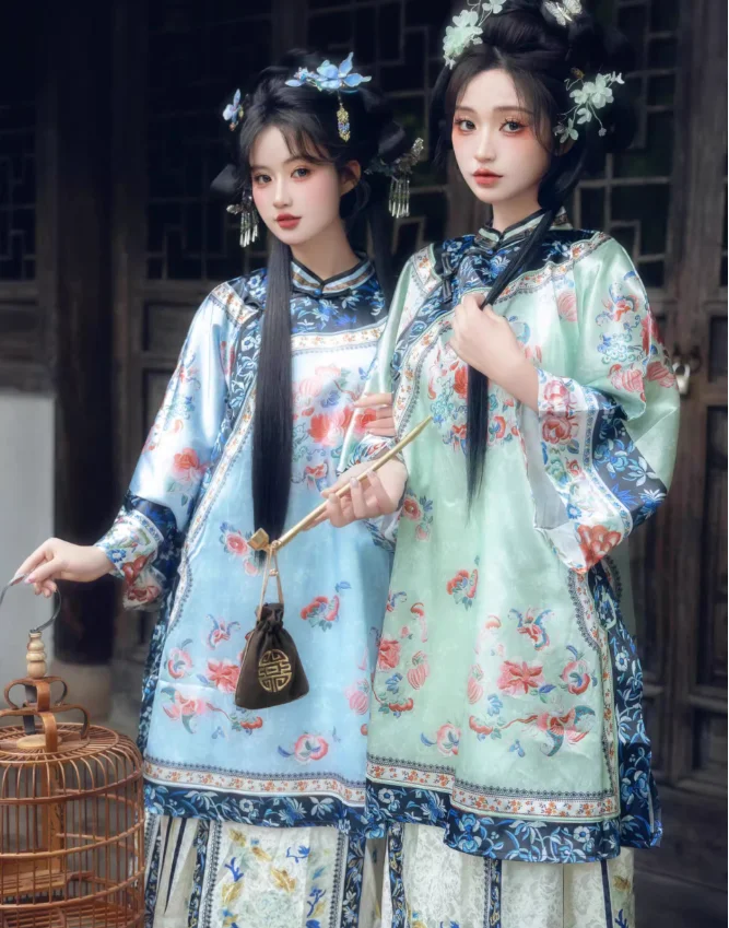 فستان Hanfu الصيني للسيدات من سلالة تشينغ قصر منقوش مكون من قطعتين من تنورة وجه الحصان