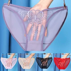 Women Ultra Thin Underwear Lace Mesh Embroidery Comfortable See-through Tulle Netting Sheer Breathable Large Size Briefs